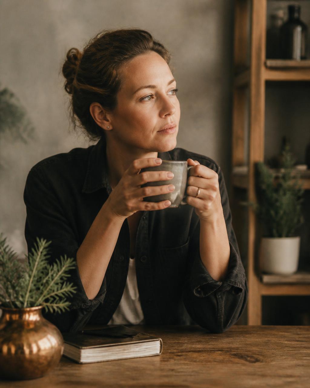 A business owner sitting quietly with a mug of coffee in a warm room