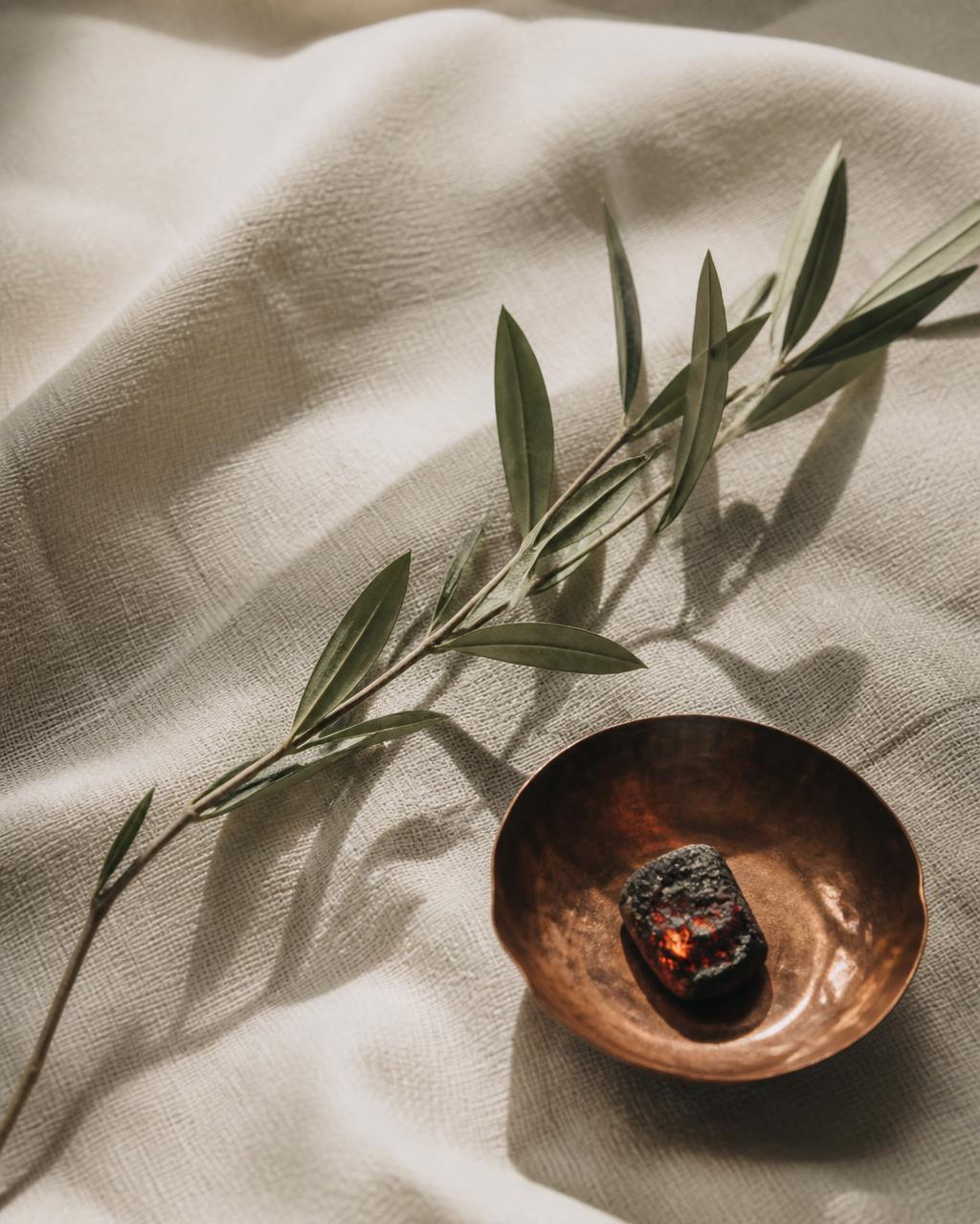 A willow branch resting on linen beside a copper dish holding a single ember