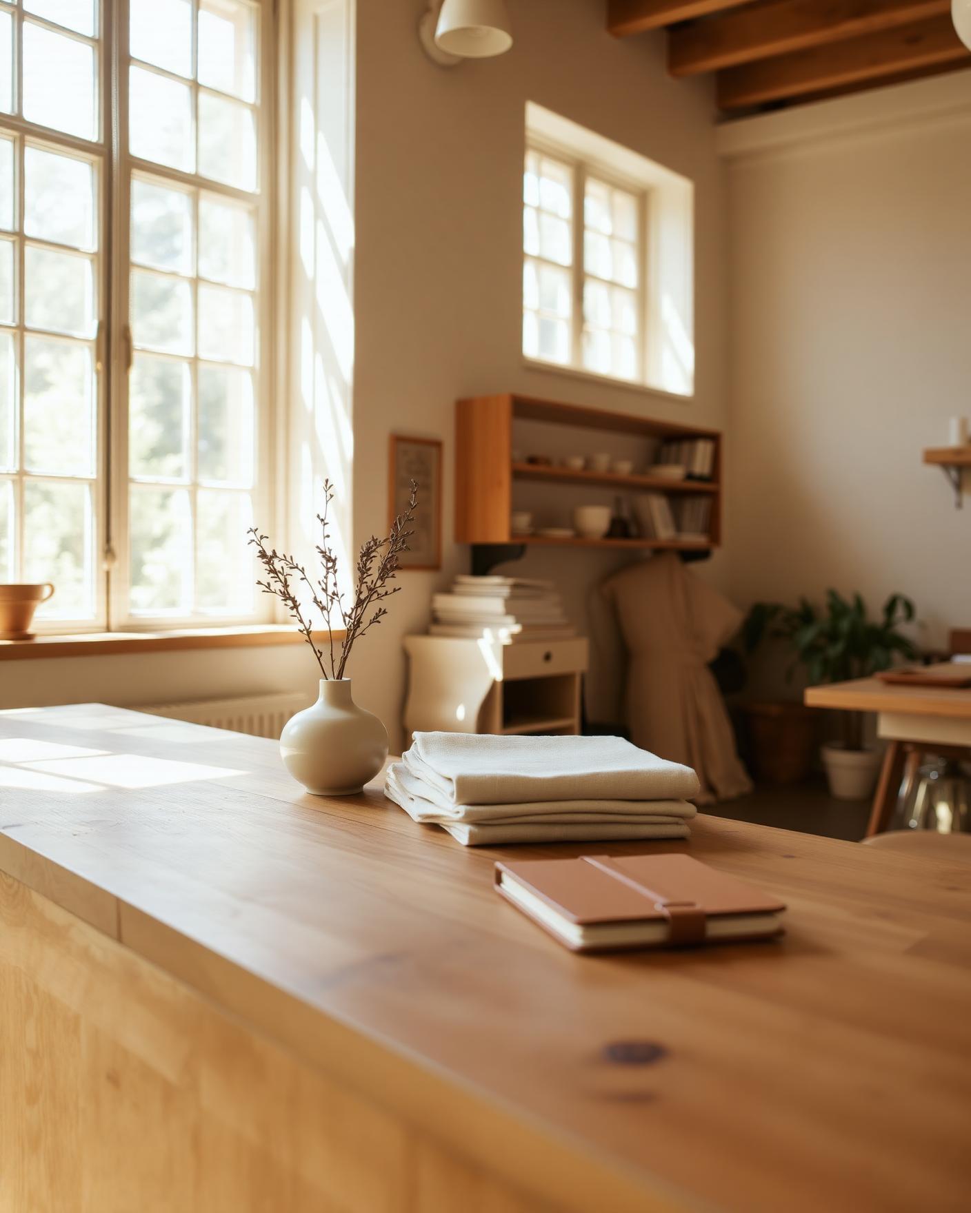Sunlit interior of an independent boutique studio with linen samples and a notebook on an oak counter