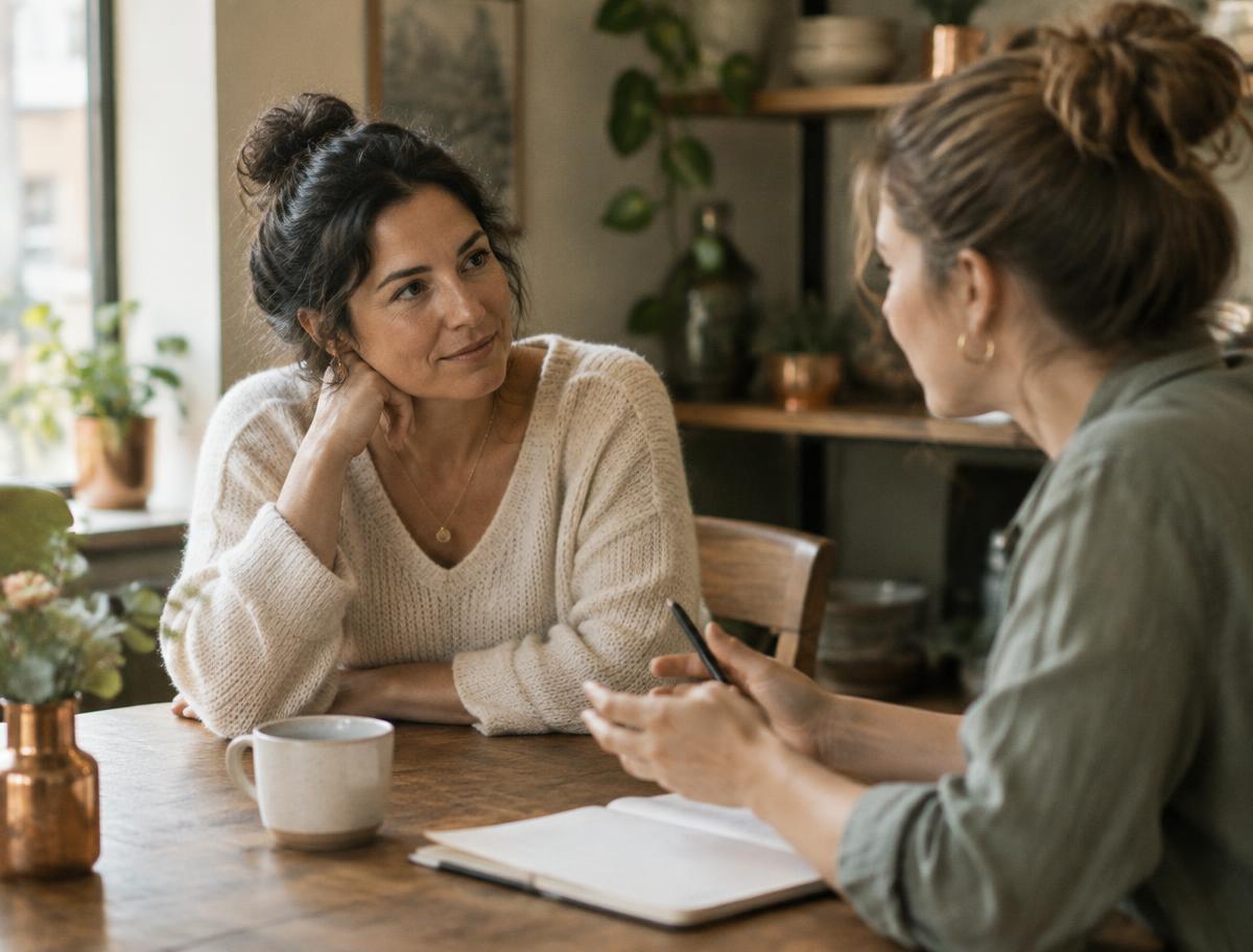 Two people in warm conversation across a wooden table, one listening attentively with an open notebook, a speckled mug, and a small copper vase of flowers between them in soft window light