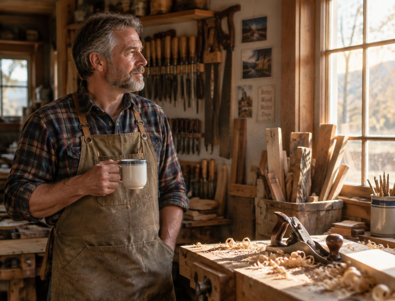 A woodworker in a canvas apron pausing in his workshop with a mug of coffee, looking toward a sunlit window beside a workbench with a hand plane and wood shavings