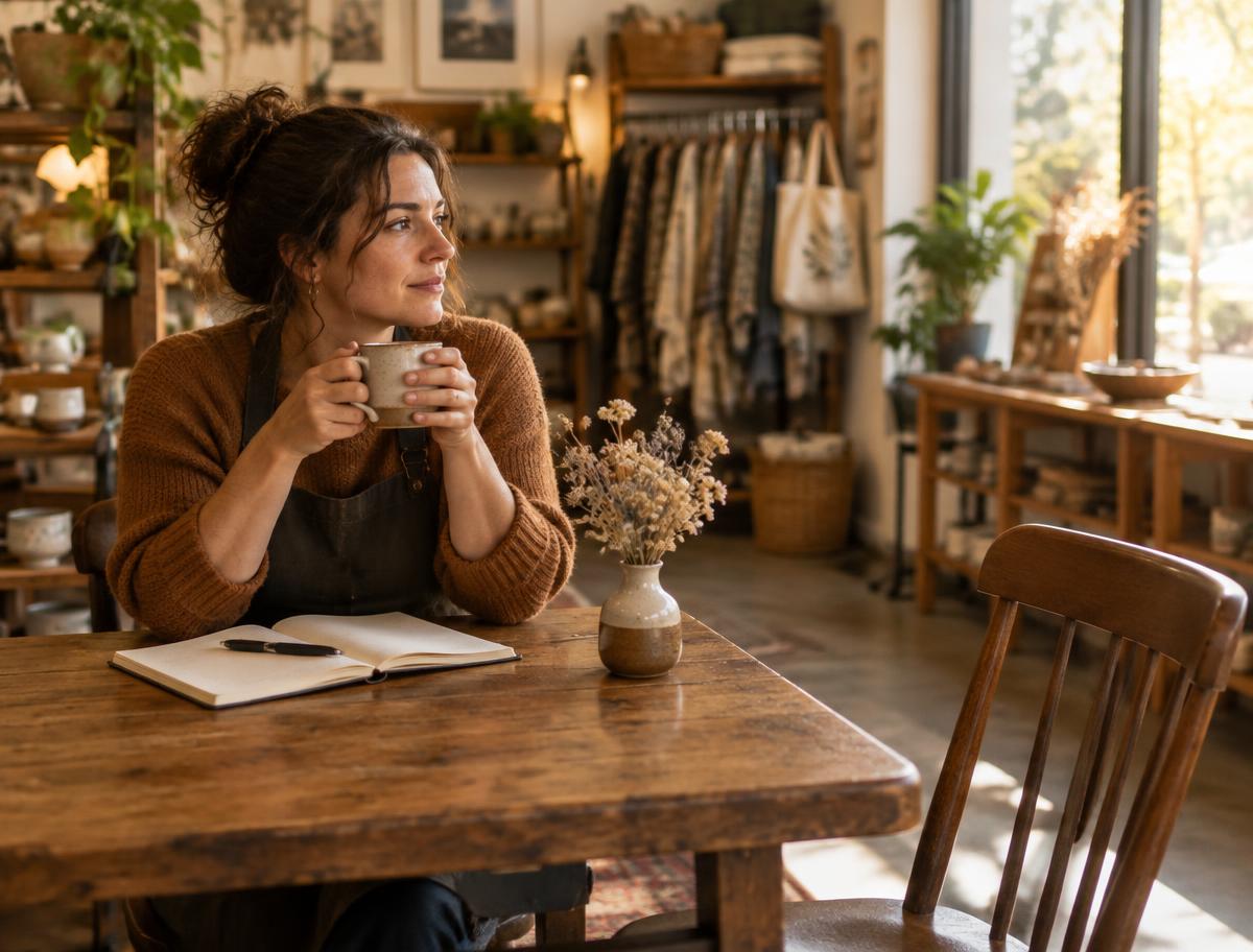 A small business owner in a warm boutique holding a mug of coffee at a wooden table, gazing thoughtfully toward an empty chair, with an open notebook, a pen, and a small vase of dried flowers beside her in soft window light