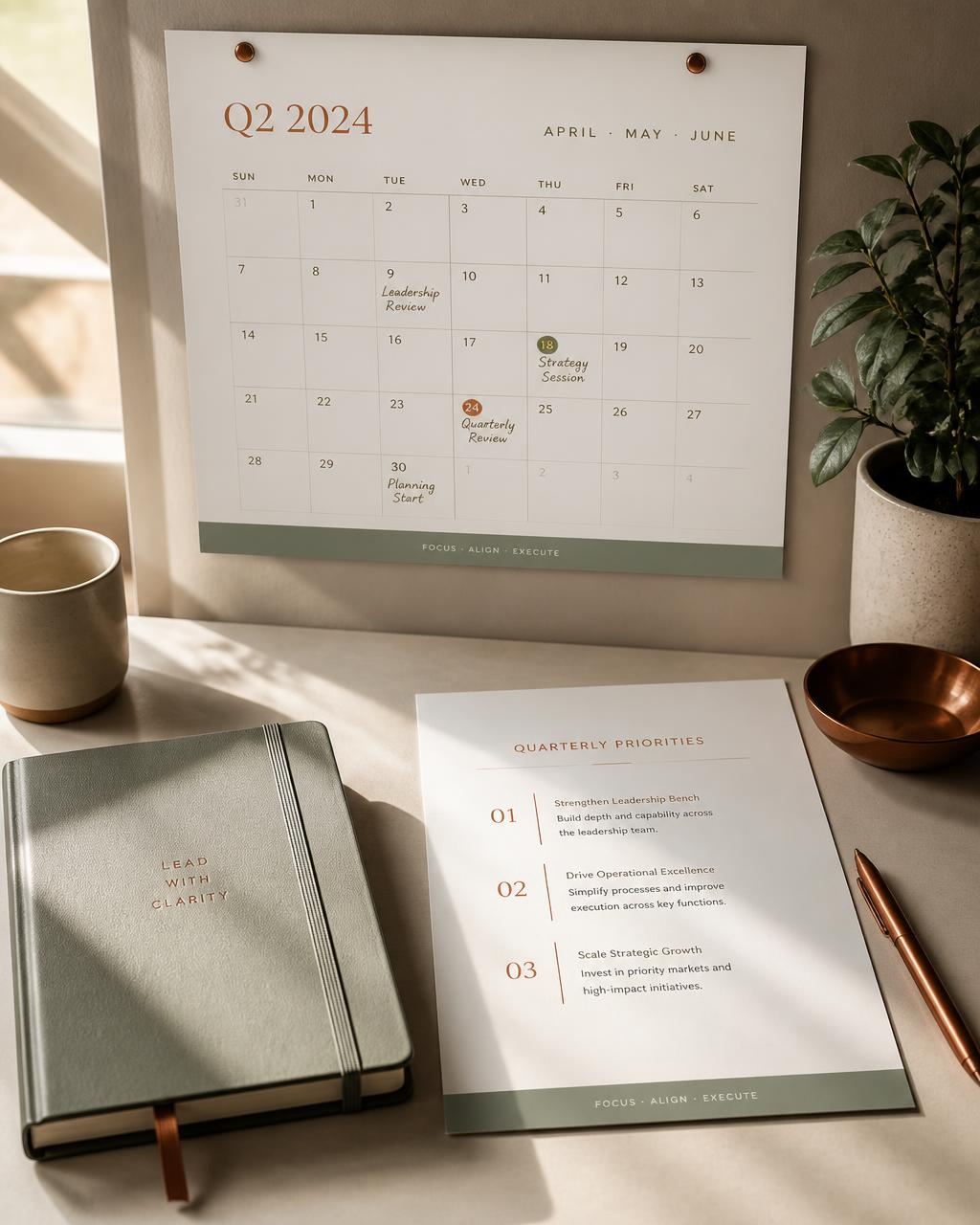 A quarterly calendar and priorities page beside a sage notebook on a cream desk