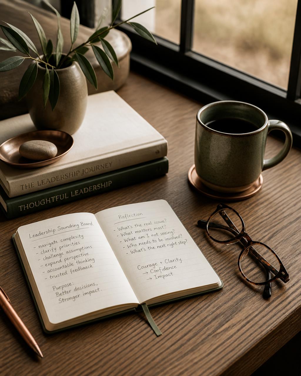 A leadership notebook, reading glasses, and coffee cup on a warm oak desk