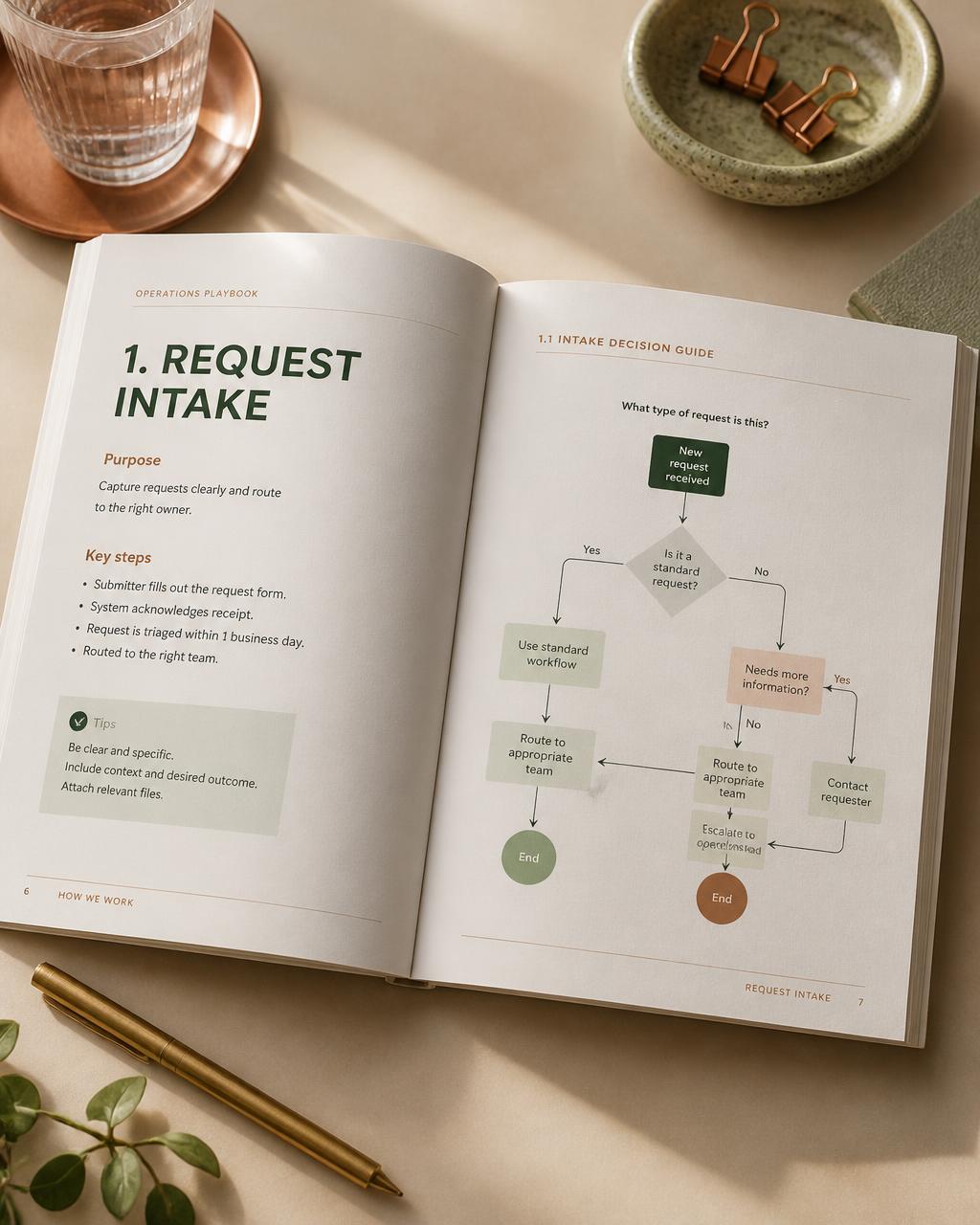 An open operations playbook with plain-language headings and a simple decision flowchart