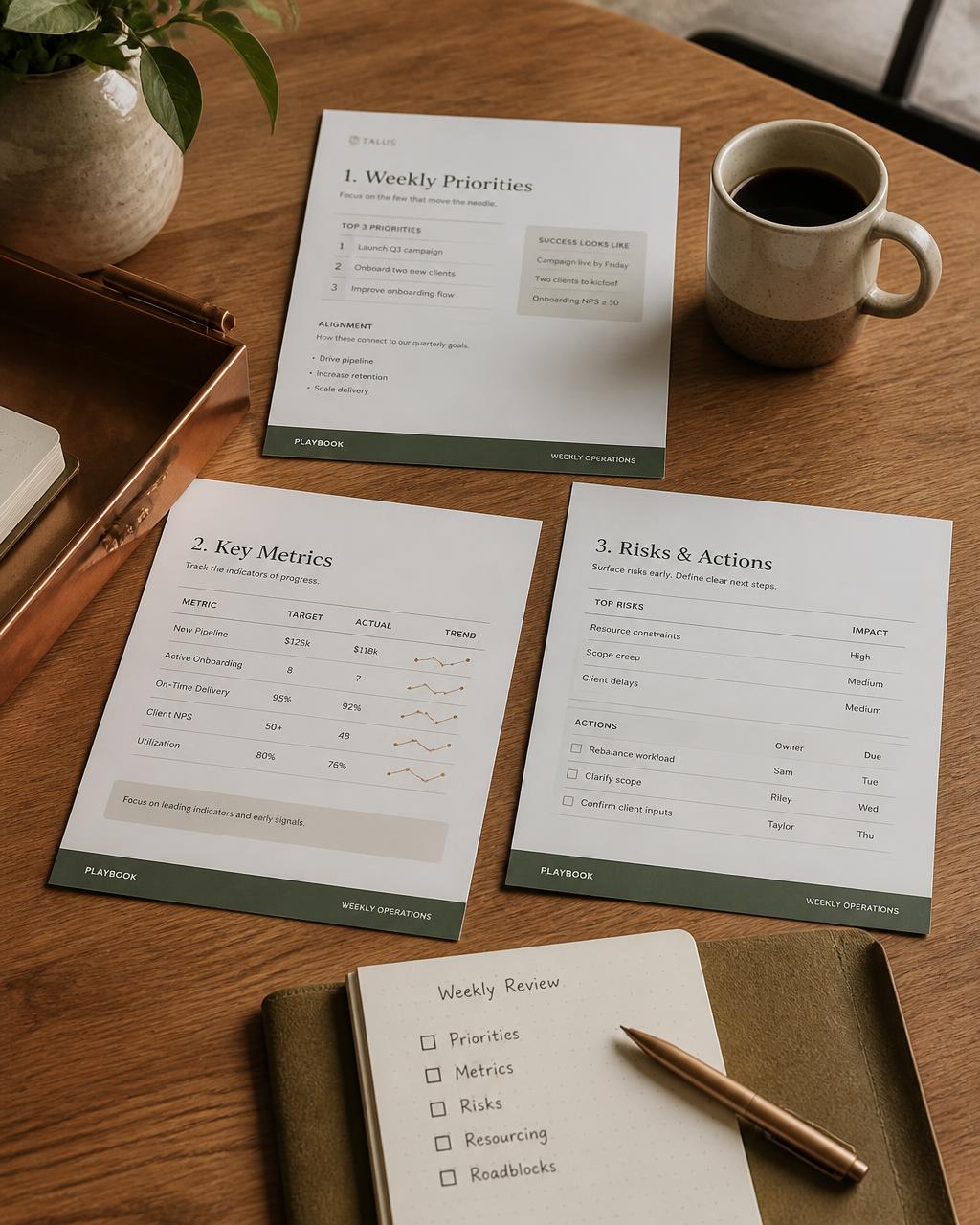 Weekly operations review playbooks and a simple checklist on a warm oak table