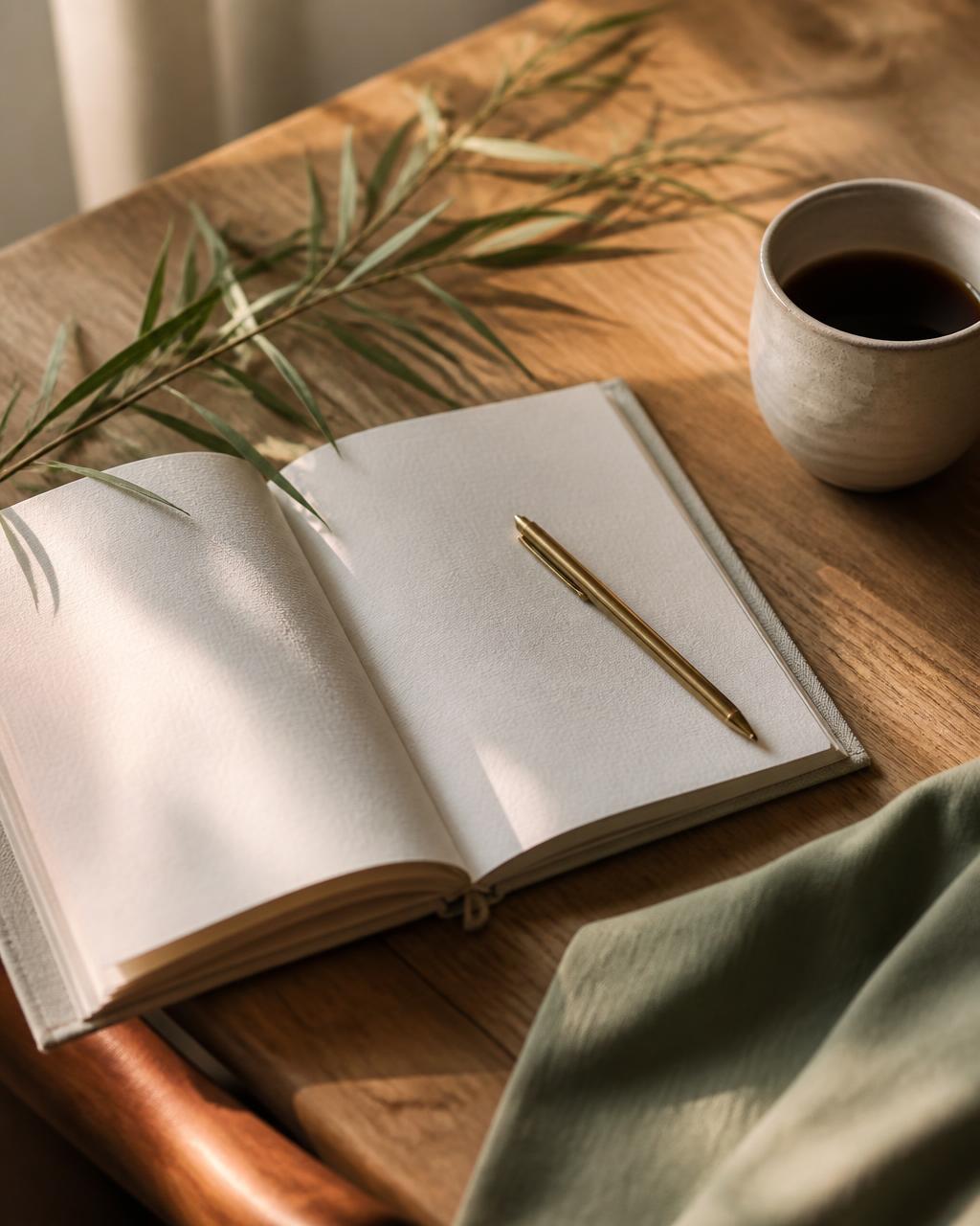 A warm oak desk with an open notebook, a brass pen, and a cup of coffee in soft morning light