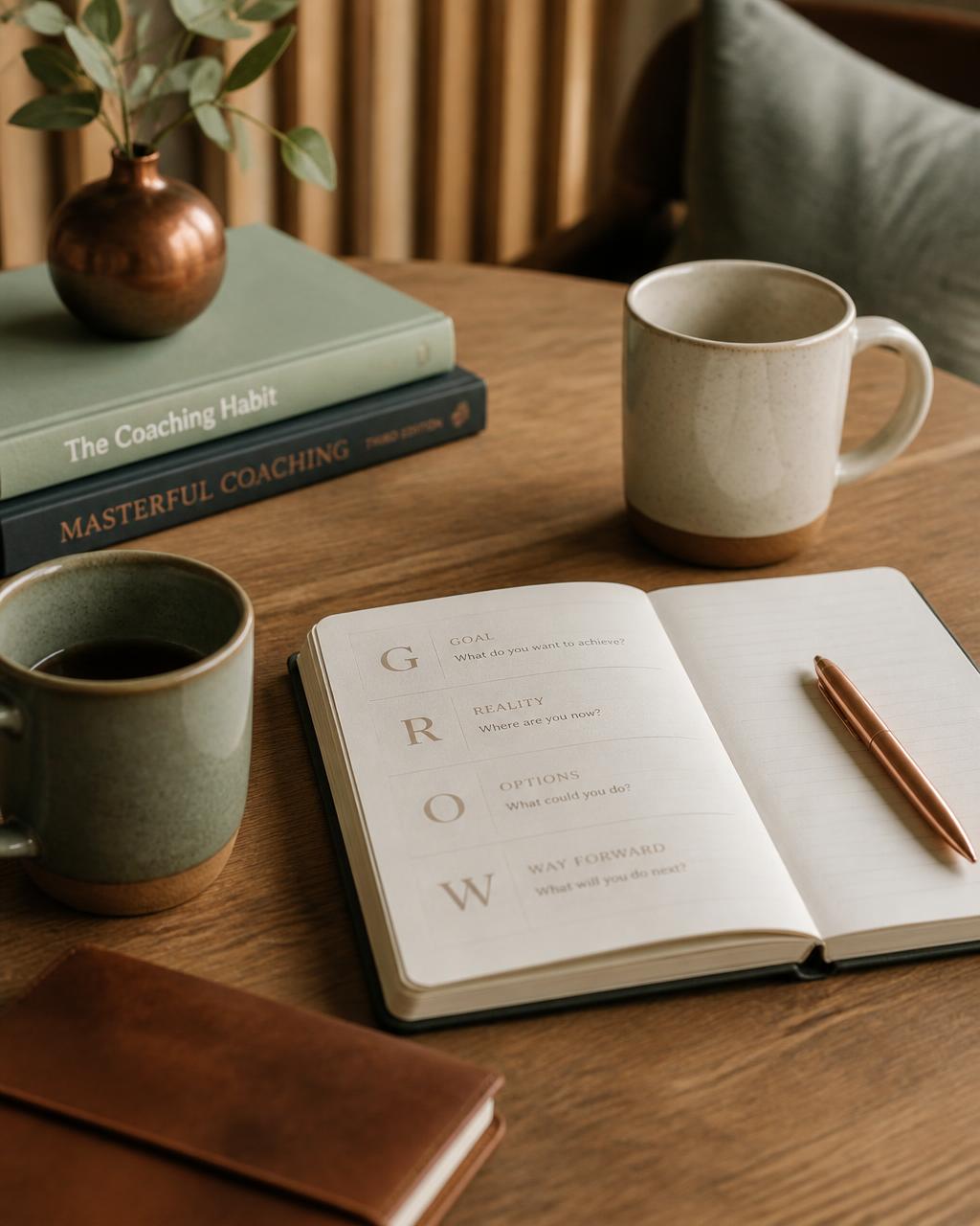 Two mugs and an open coaching notebook on a warm oak table