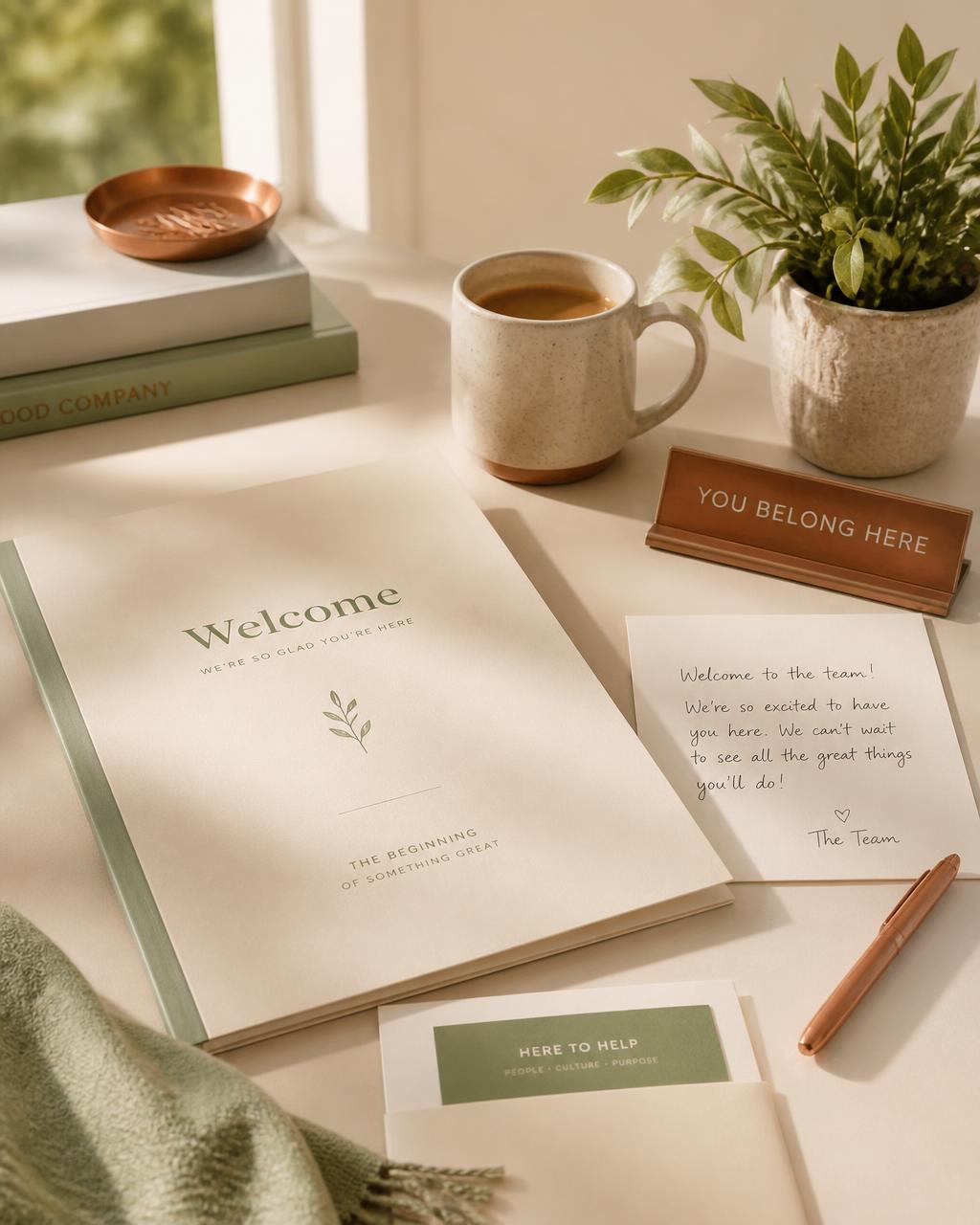 A warm welcome packet, handwritten note, and small desk plant on a cream desk