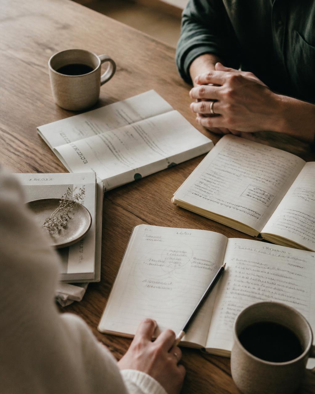 Two open notebooks with handwritten notes, a folded planning document and two cups of coffee on a warm oak table