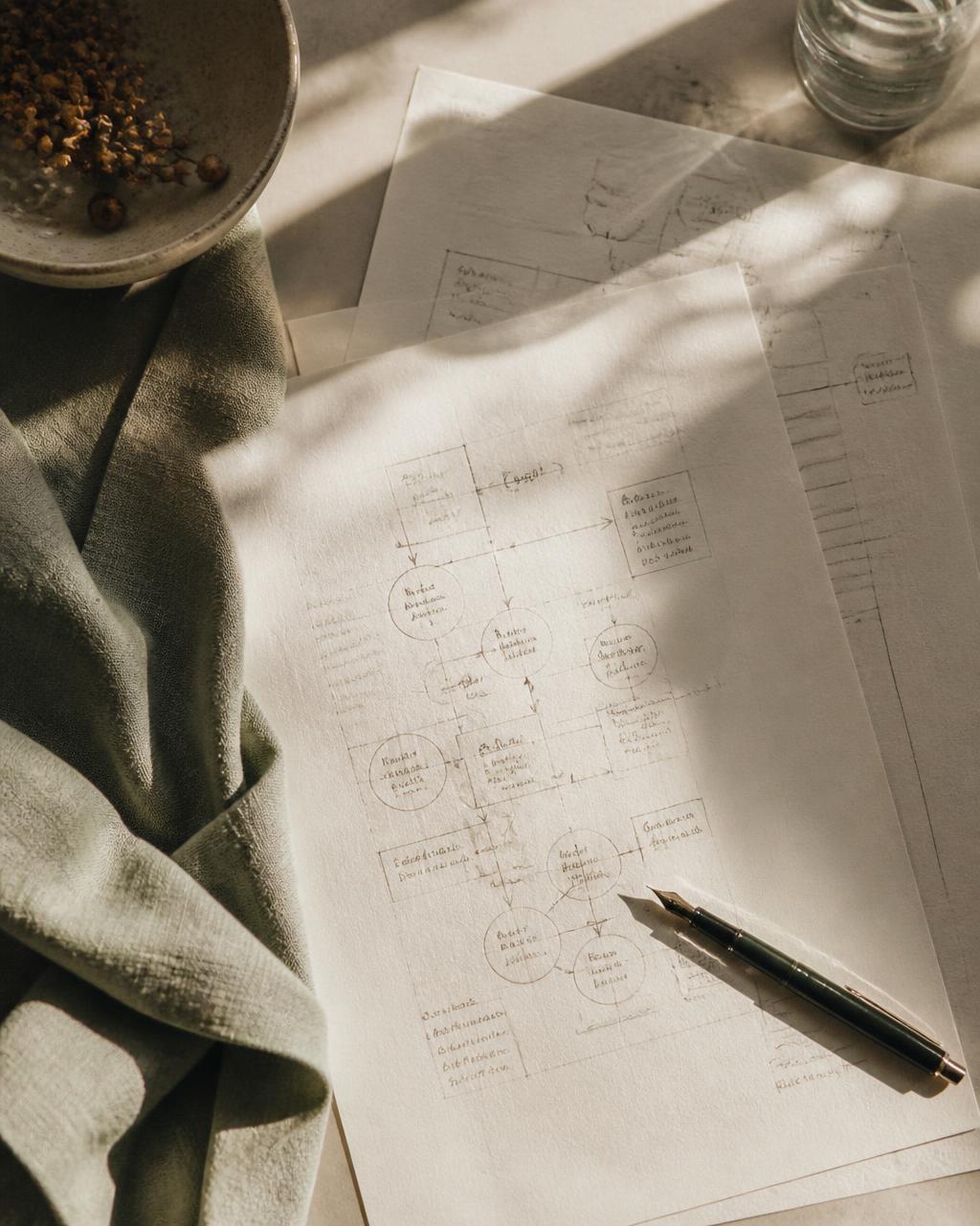 Hand-drawn process diagrams and workflow maps arranged on a warm cream desk