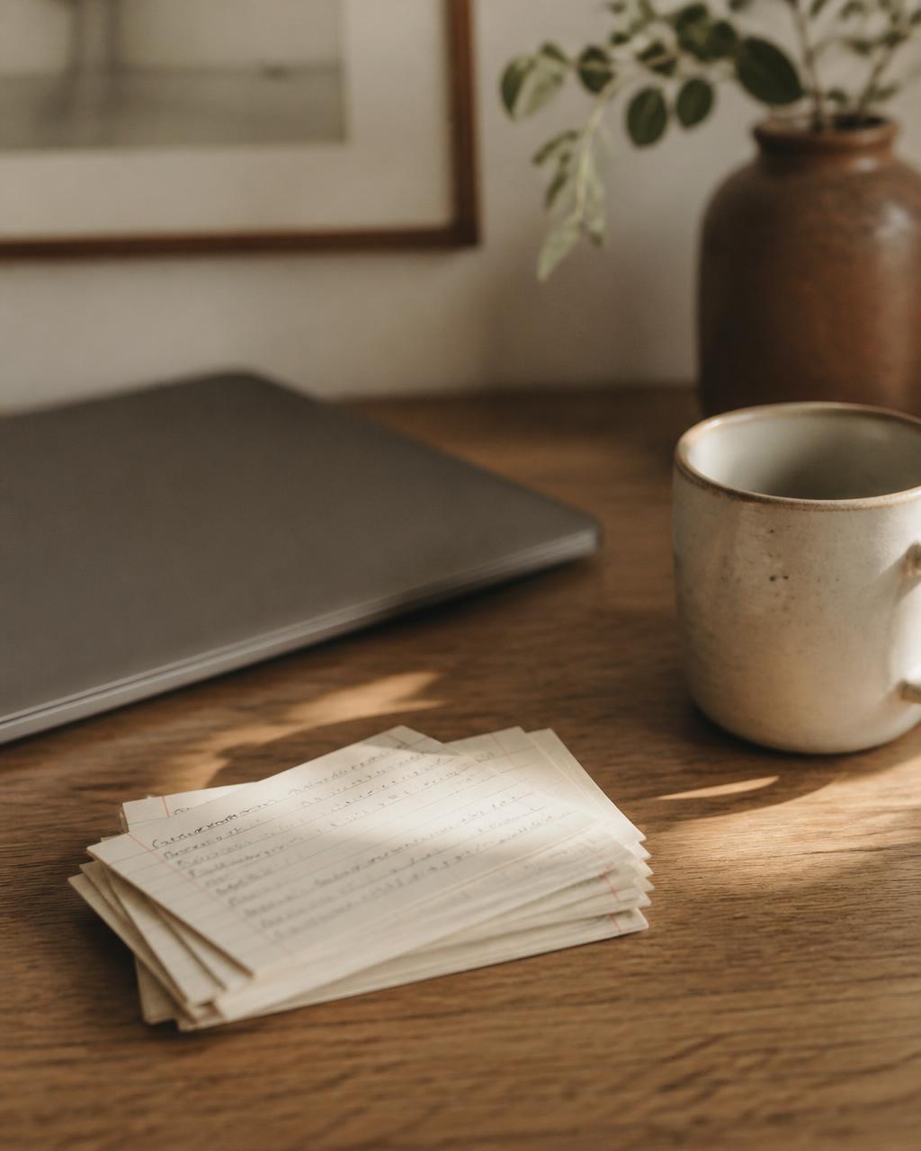 A single closed laptop and small notebook on a warm oak desk with soft window light