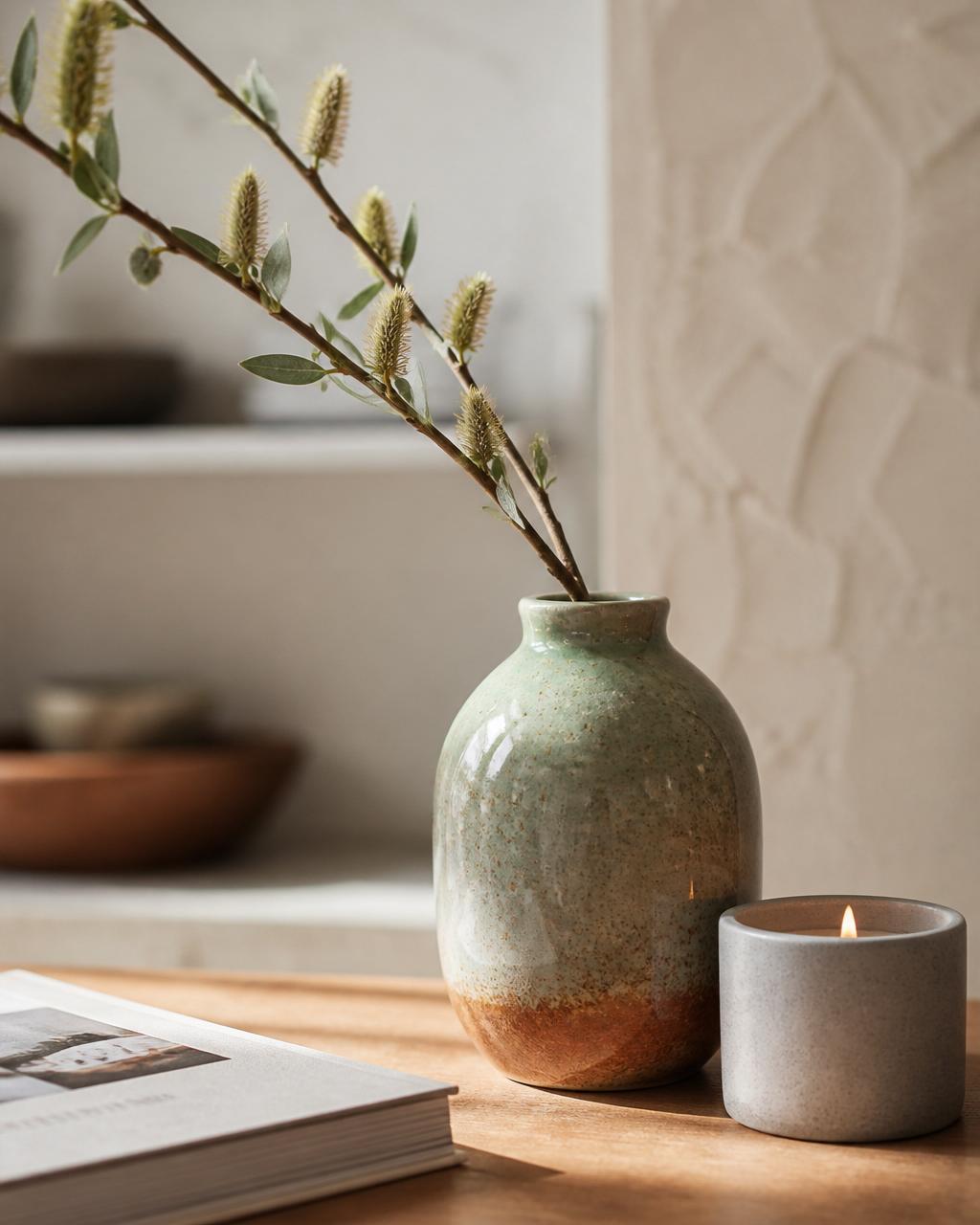 A willow branch in a handmade ceramic vase beside a lit candle on a warm oak surface