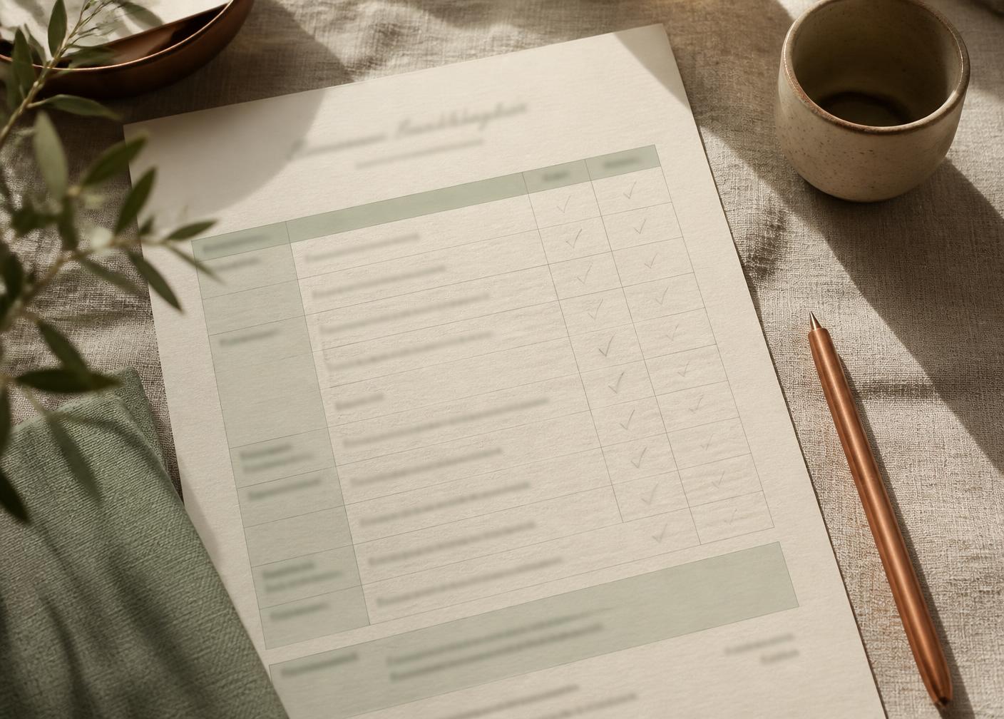 An open notebook with handwritten assessment notes beside a pen