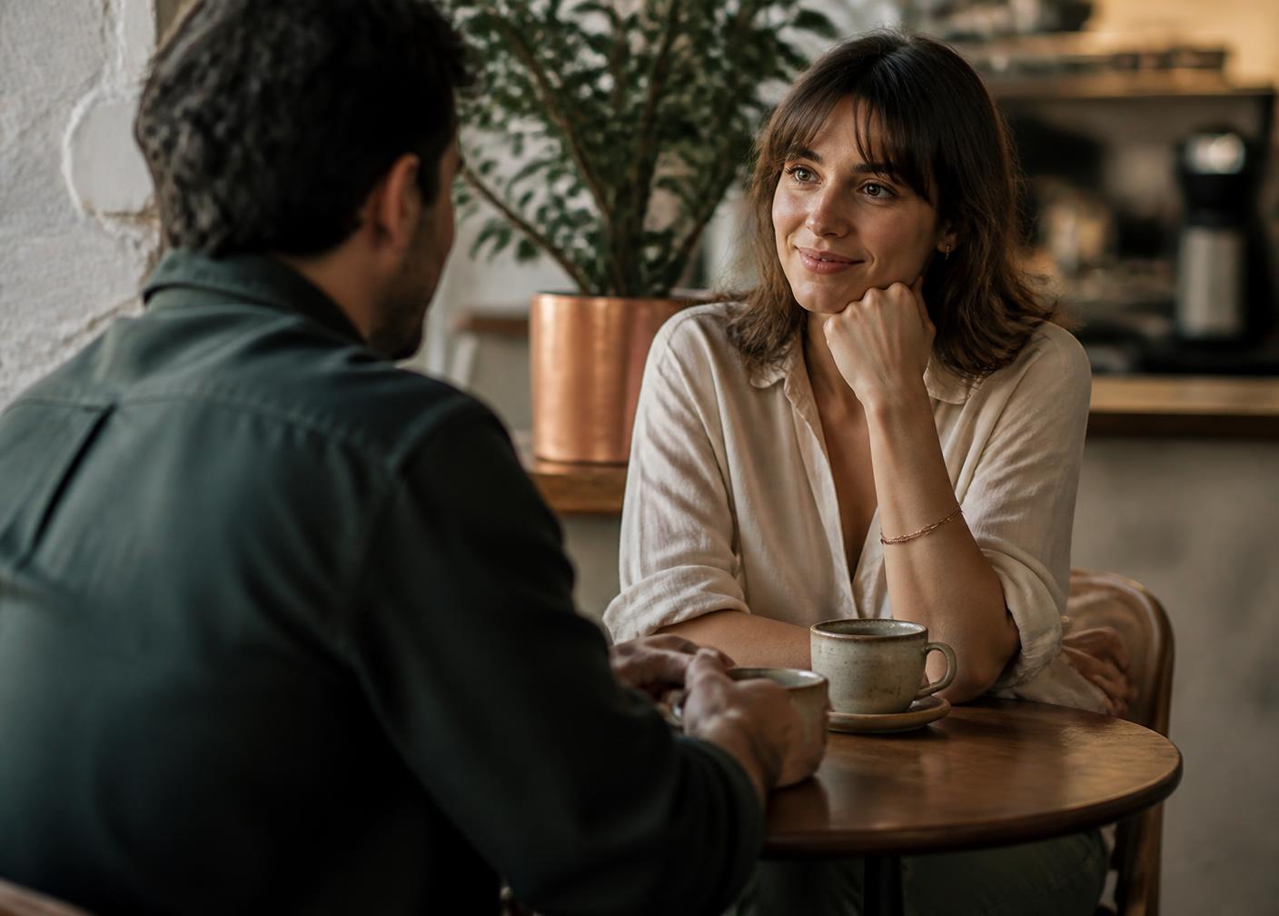 Two cups of coffee on a warm oak table during a quiet conversation