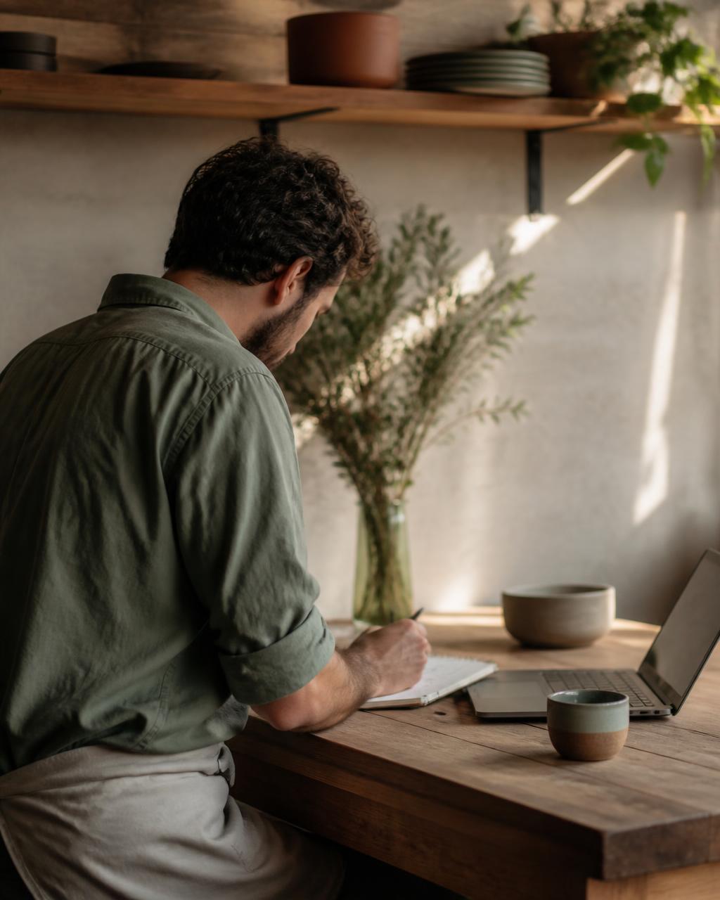A male small business owner writing in a notebook at a wooden desk, with a laptop nearby and warm natural light