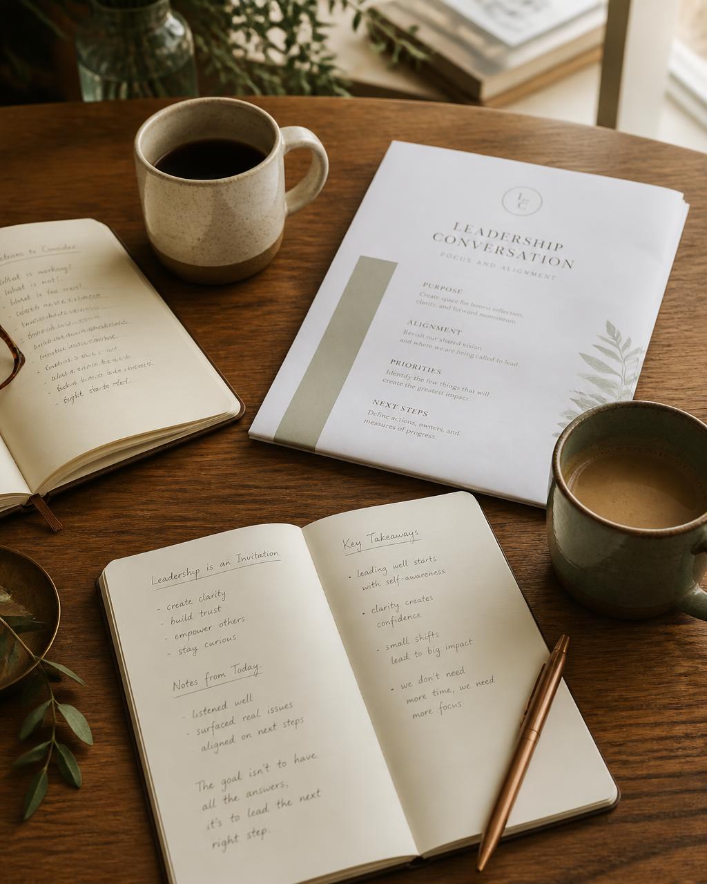 Two coffee cups and open notebooks on a warm oak table