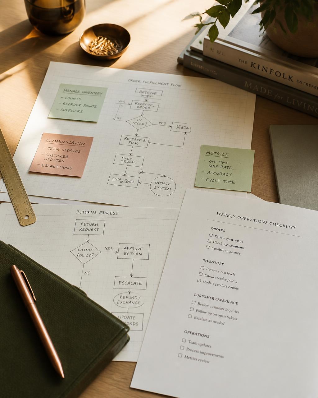 Hand-drawn workflow maps and a weekly operations checklist on a warm cream desk