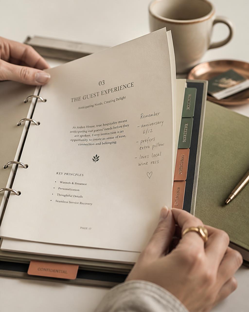 Hands turning the pages of a tabbed training binder