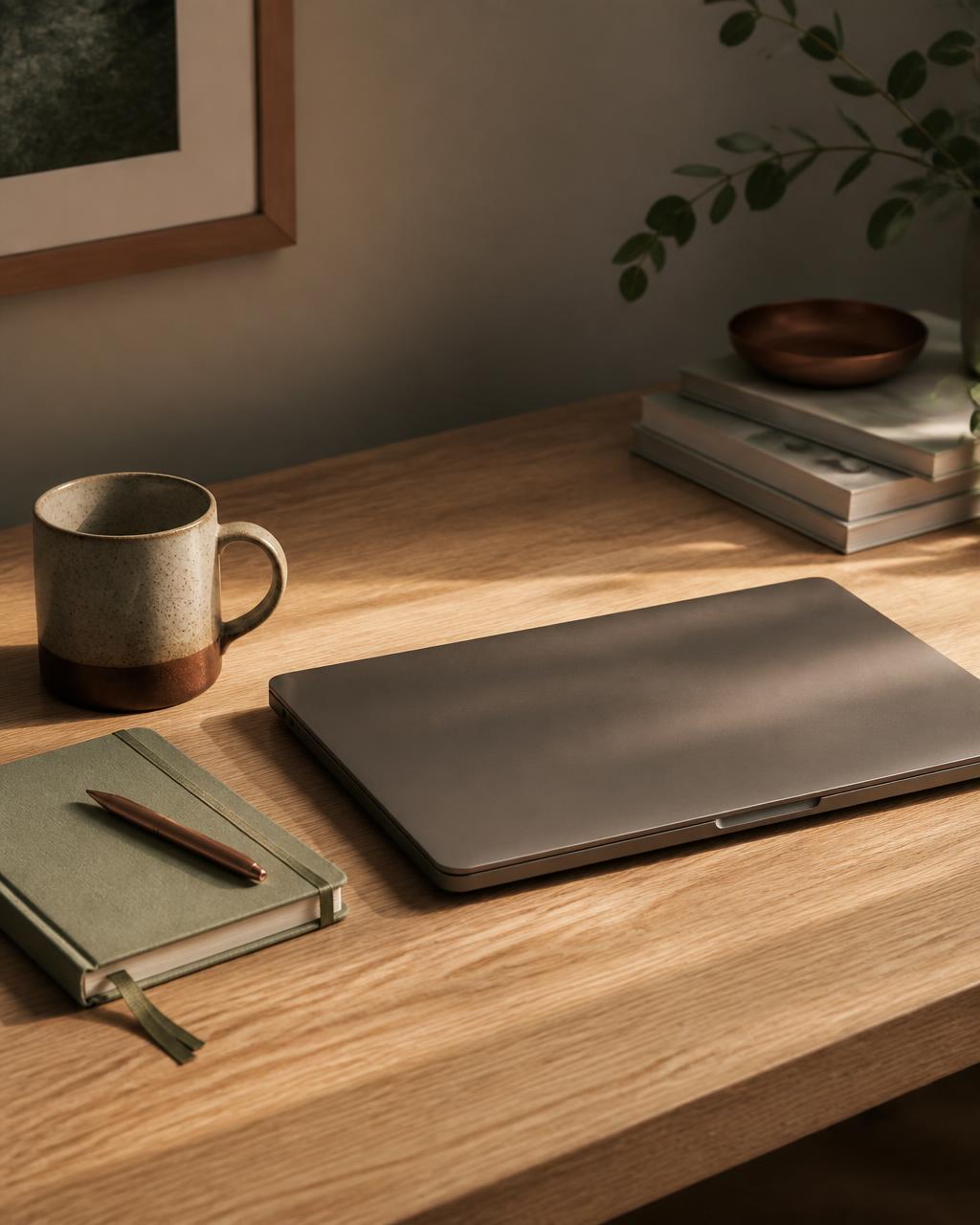 A closed laptop, notebook, and ceramic cup on a warm oak desk