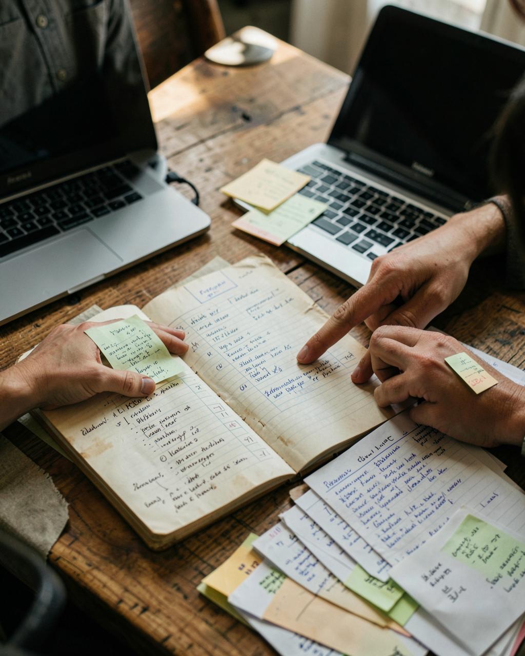 Two people's hands over a worn notebook of handwritten processes, loose notes and laptops on a wooden table