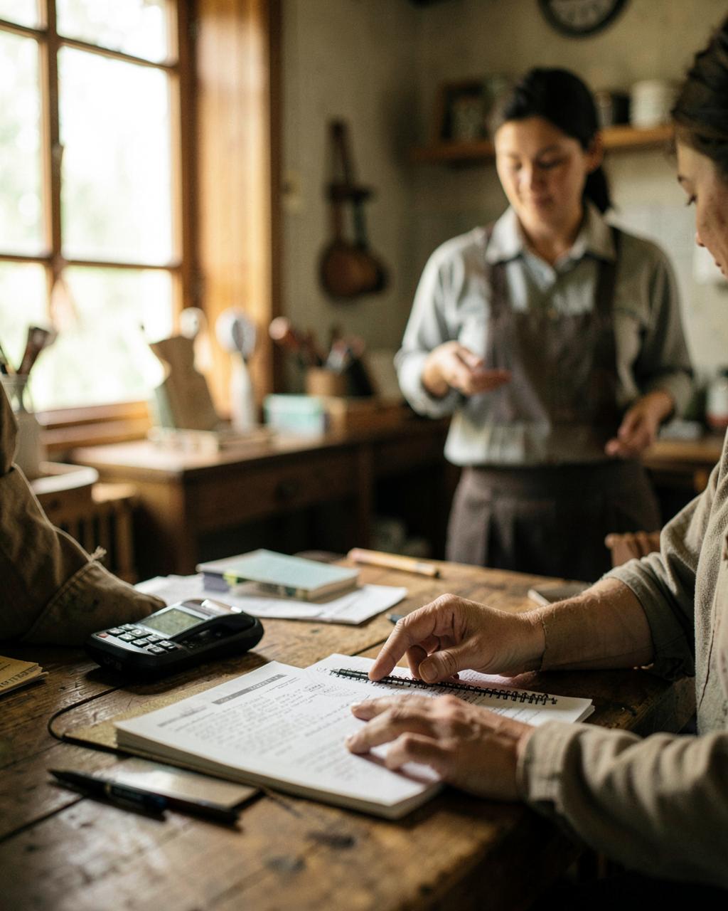 Hands pointing to an open notebook at a busy shop counter while a staff member waits with a question