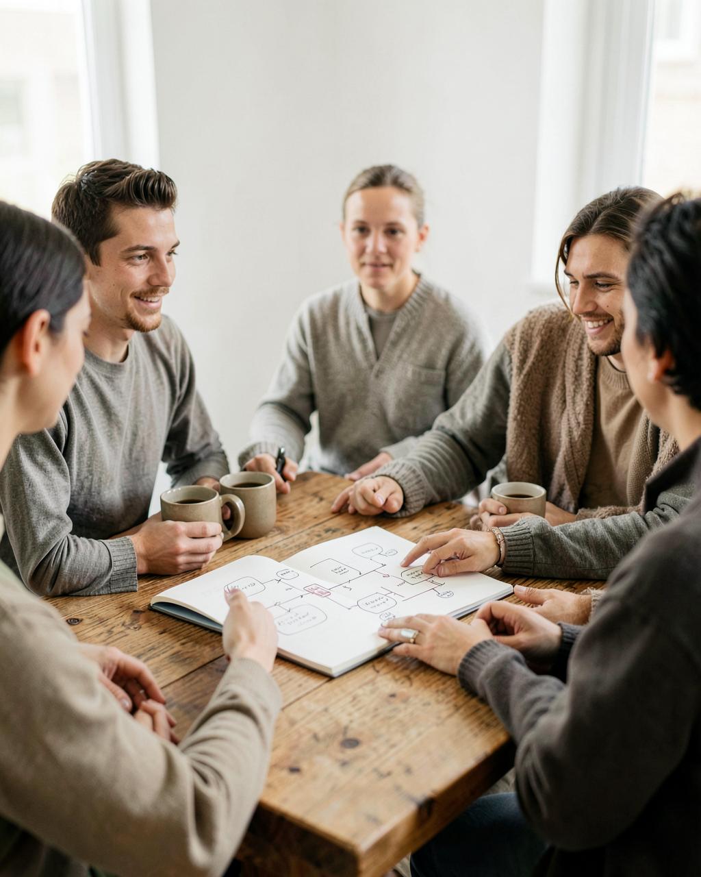 A small team around a wooden table looking at a hand-drawn workflow in an open notebook