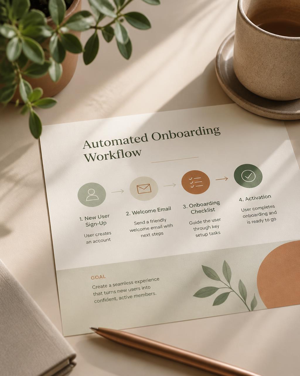 A printed automation workflow with simple arrows and a ceramic cup on a cream desk