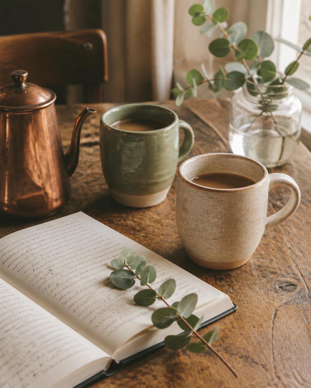 Two ceramic mugs of coffee and an open handwritten notebook on a worn oak table in morning light
